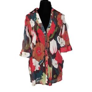 Semi Sheer Floral Babydoll Tie Tunic Blouse Medium V Neck 3/4 Sleeves Medium